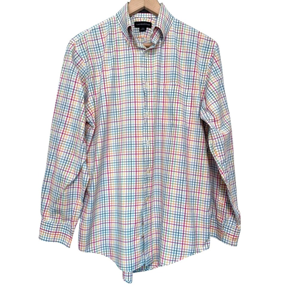 Lands End Button Down Shirt Mens 32-33 Gingham Check Super Soft Cotton Preppy